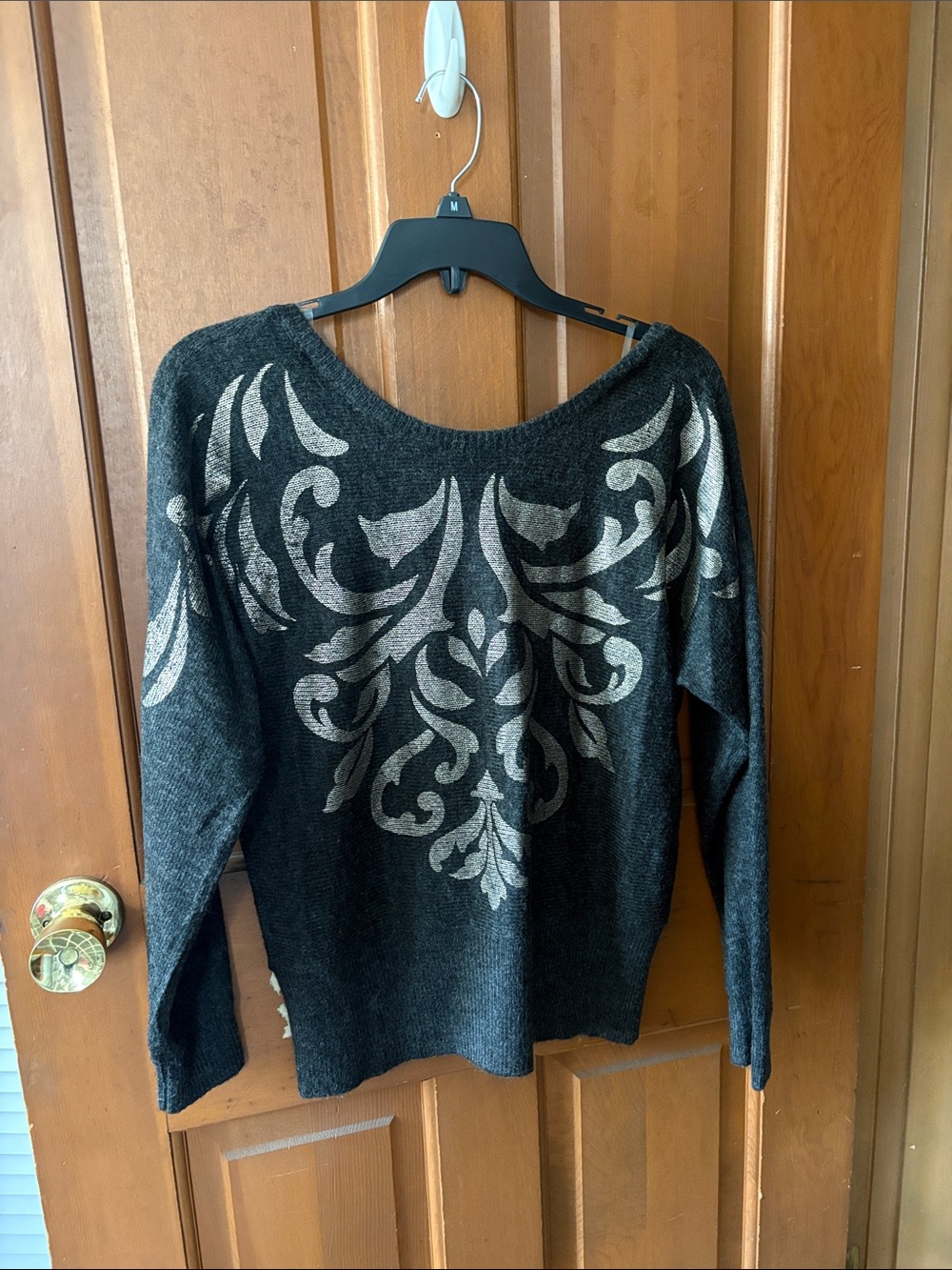 Charcoal Gray Sweater with Silver Scroll Print - Women